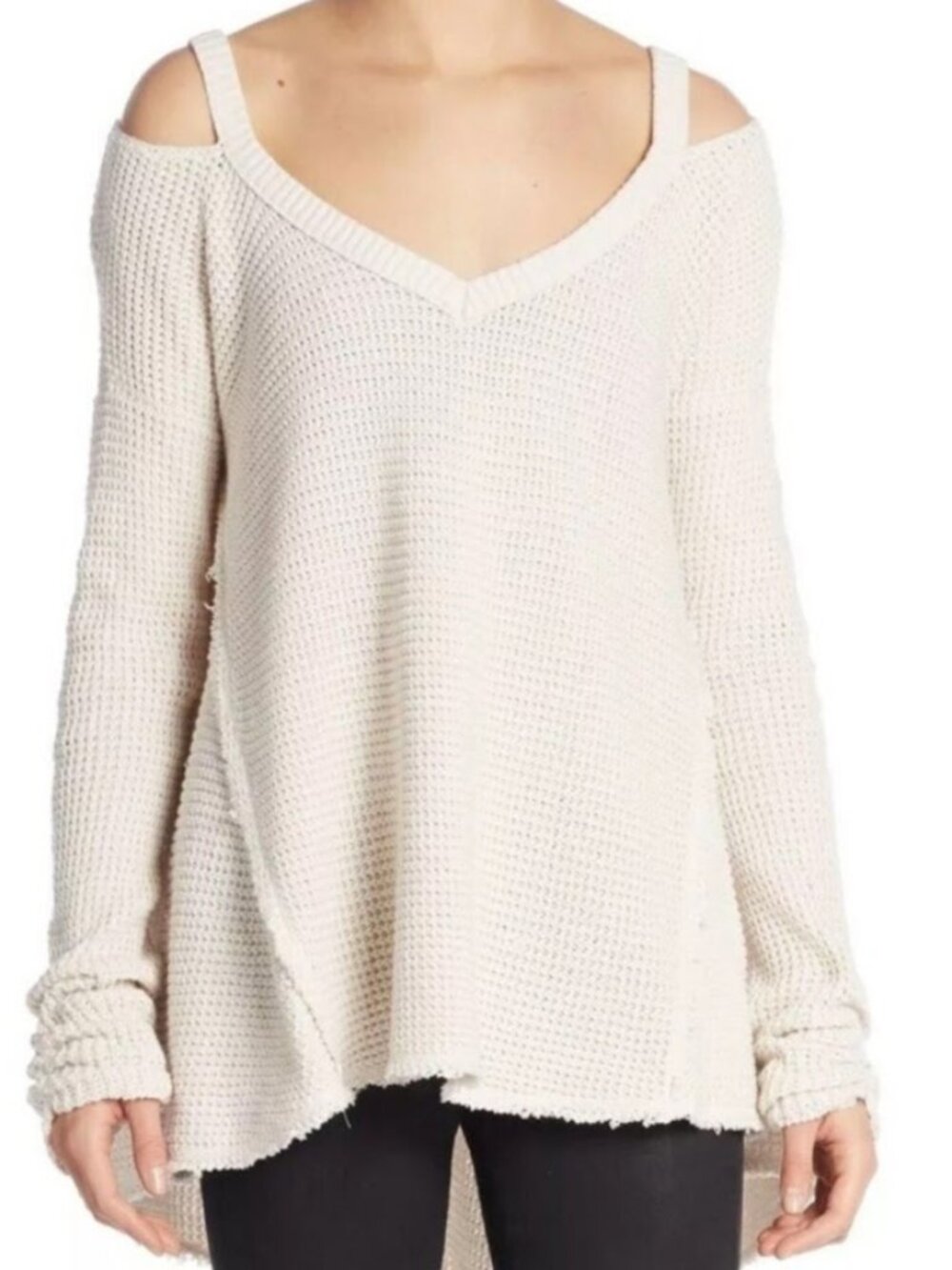 Free People Waffle Knit Cold Shoulder Sweater Distressed Ivory Pullover Small
